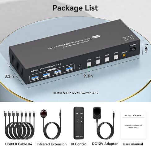 منفذ عرض HDMI KVM Switch 4 أجهزة كمبيوتر 2 شاشات 8K @ 60 هرتز KVM Switch KVM Switch شاشة مزدوجة لمشاركة 4 أجهزة كمبيوتر وشاشتين و4 أجهزة USB 3.0 مع جهاز تحكم عن بعد بالأشعة تحت الحمراء in Kuwait