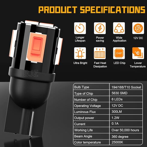 T10 194 168 لمبات LED كهرمان 5630 شرائح 2825 175 W5W LED مصابيح بديلة 2500K 12V لقارب عائم لصيد الأسماك واليخوت الداخلية مجاملة Transom Deck Dock Step Lights، 10 قطع in Kuwait