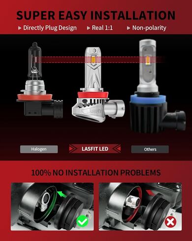 مصابيح LED LASFIT H11، مصابيح ضباب LED أكثر سطوعًا بنسبة 400% H8/H16/H9 مع مروحة، 1:1 قابس صغير الحجم N Play IP67 بديل هالوجين مقاوم للماء، حزمة من 2 in Kuwait