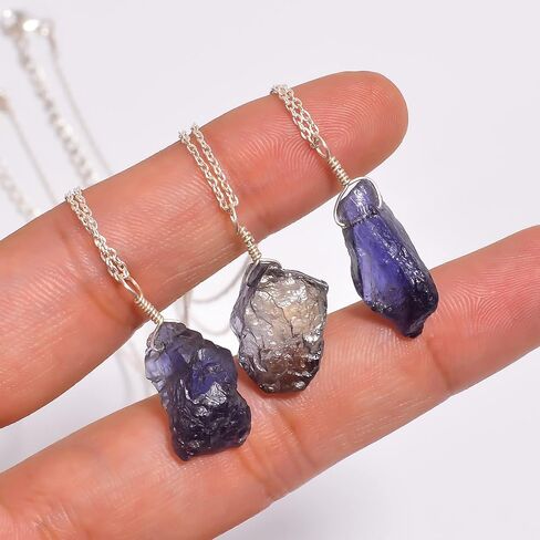 Real Iolite Raw Pendant Necklace, Purple Rough Stone, Healing Iolite, Chakra Gemstone, Birthstone, Natural Crystal, Women Jewelry, Energy Stone, Gift Giving 925 Sterling Silver 18 inch in Saudi Arabia