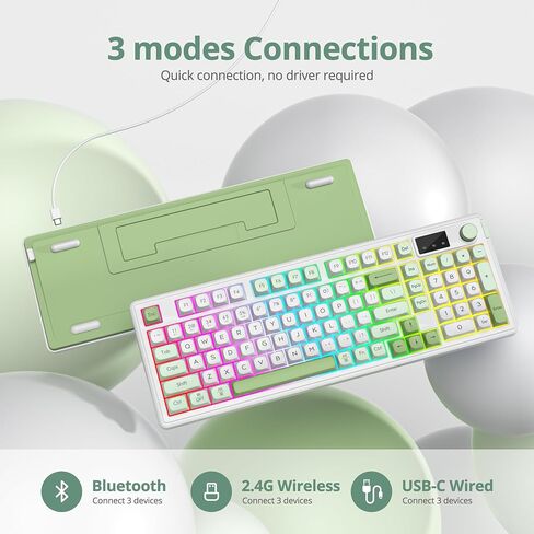 لوحة مفاتيح لاسلكية ذات ملمس ميكانيكي RGB، سلكية/بلوتوث/2.4G صامتة بغطاء كروي ABS هيكل حشية لوحة مفاتيح مكتب الألعاب للكمبيوتر/Mac/Win (98 أبيض) in Kuwait