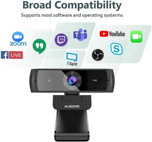 معتمد من AUSDOM Zoom، كاميرا ويب 2K مع ميكروفون وغطاء للخصوصية، كاميرا USB AW651S Autofocus HD للكمبيوتر الشخصي MAC، تعمل مع Zoom Skype Teams، أسود in Kuwait