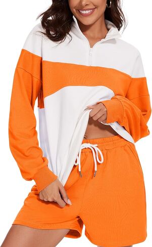 Flygo المرأة 2024 الصيف 2 قطعة ملابس رياضية صالة مجموعة Colorblock نصف سحاب قمم عالية الخصر مجموعات قصيرة in Saudi Arabia