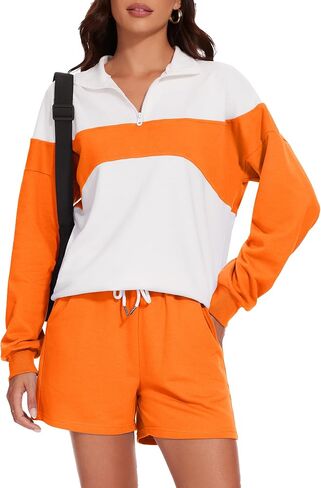 Flygo المرأة 2024 الصيف 2 قطعة ملابس رياضية صالة مجموعة Colorblock نصف سحاب قمم عالية الخصر مجموعات قصيرة in Saudi Arabia