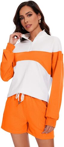 Flygo المرأة 2024 الصيف 2 قطعة ملابس رياضية صالة مجموعة Colorblock نصف سحاب قمم عالية الخصر مجموعات قصيرة in Saudi Arabia