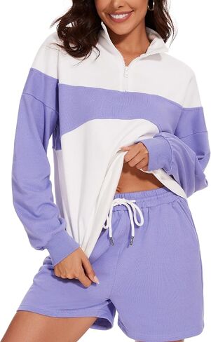 Flygo Womens 2024 Summer 2 Piece Outfits Sweatsuit Lounge Set Colorblock Half Zipper Tops High Waisted Short Sets in Saudi Arabia