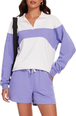 Flygo Womens 2024 Summer 2 Piece Outfits Sweatsuit Lounge Set Colorblock Half Zipper Tops High Waisted Short Sets in Saudi Arabia