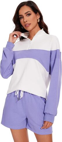 Flygo Womens 2024 Summer 2 Piece Outfits Sweatsuit Lounge Set Colorblock Half Zipper Tops High Waisted Short Sets in Saudi Arabia