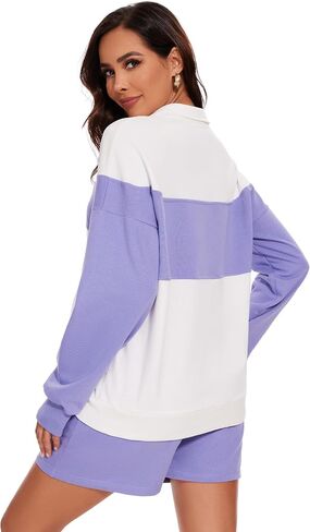 Flygo Womens 2024 Summer 2 Piece Outfits Sweatsuit Lounge Set Colorblock Half Zipper Tops High Waisted Short Sets in Saudi Arabia