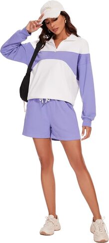 Flygo Womens 2024 Summer 2 Piece Outfits Sweatsuit Lounge Set Colorblock Half Zipper Tops High Waisted Short Sets in Saudi Arabia