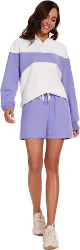 Flygo Womens 2024 Summer 2 Piece Outfits Sweatsuit Lounge Set Colorblock Half Zipper Tops High Waisted Short Sets in Saudi Arabia