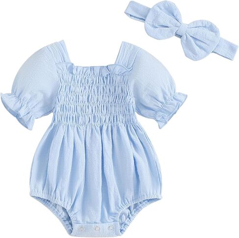 Infant Baby Girls Romper Ruffle Sleeve Pleated Smocked Bubble One Piece Ruched Jumpsuit Boho Summer Bodysuit in Saudi Arabia