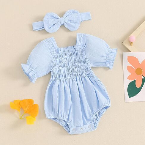 Infant Baby Girls Romper Ruffle Sleeve Pleated Smocked Bubble One Piece Ruched Jumpsuit Boho Summer Bodysuit in Saudi Arabia
