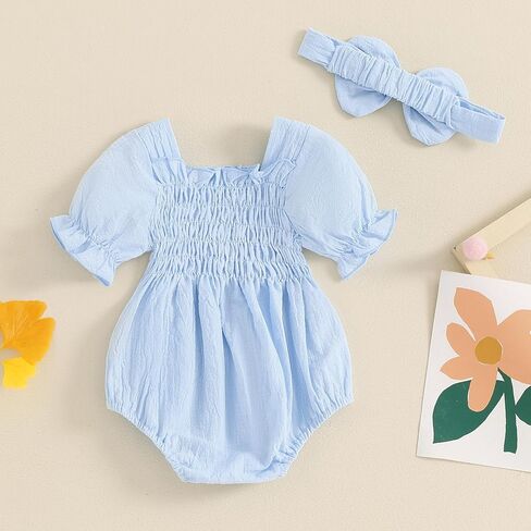 Infant Baby Girls Romper Ruffle Sleeve Pleated Smocked Bubble One Piece Ruched Jumpsuit Boho Summer Bodysuit in Saudi Arabia