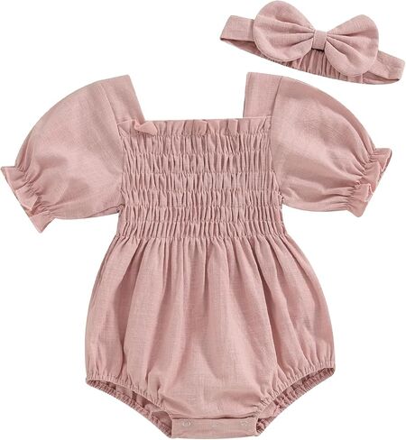 Infant Baby Girls Romper Ruffle Sleeve Pleated Smocked Bubble One Piece Ruched Jumpsuit Boho Summer Bodysuit in Saudi Arabia
