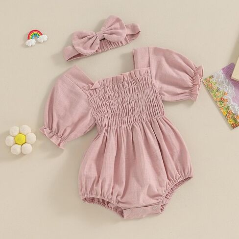 Infant Baby Girls Romper Ruffle Sleeve Pleated Smocked Bubble One Piece Ruched Jumpsuit Boho Summer Bodysuit in Saudi Arabia