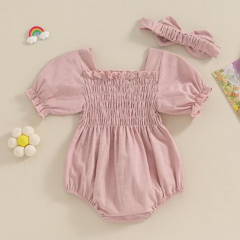 Infant Baby Girls Romper Ruffle Sleeve Pleated Smocked Bubble One Piece Ruched Jumpsuit Boho Summer Bodysuit in Saudi Arabia
