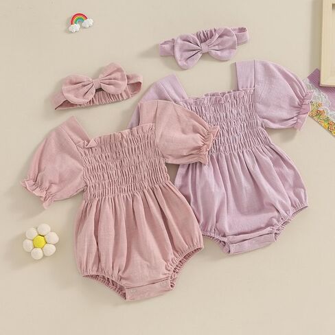 Infant Baby Girls Romper Ruffle Sleeve Pleated Smocked Bubble One Piece Ruched Jumpsuit Boho Summer Bodysuit in Saudi Arabia