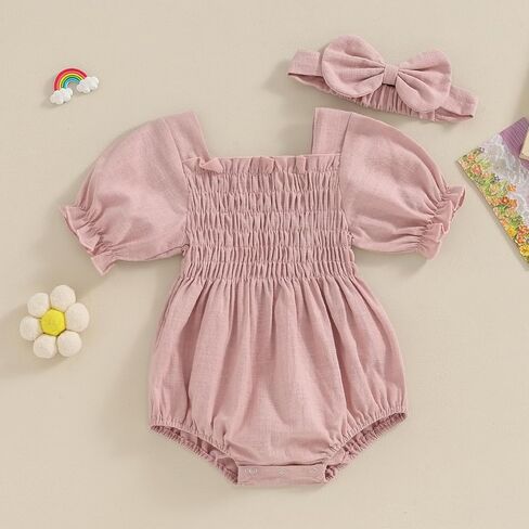 Infant Baby Girls Romper Ruffle Sleeve Pleated Smocked Bubble One Piece Ruched Jumpsuit Boho Summer Bodysuit in Saudi Arabia