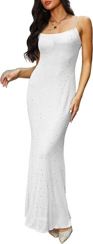 Women Sparkly Dress Long Slim fit mesh Straps Dress saprkly Dress Backless Fishtail Party Dress Sleeveless Dress in Saudi Arabia