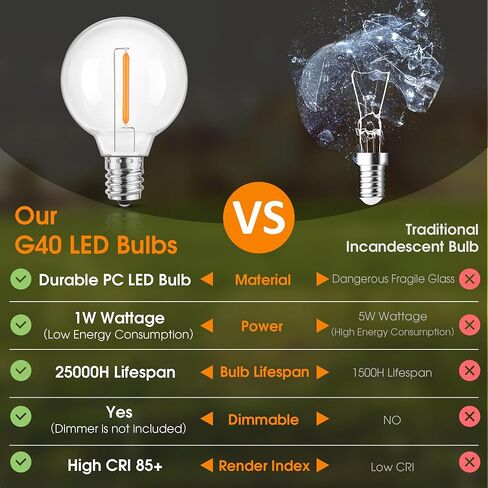 مصابيح إضاءة بديلة Mlambert G40 LED لأضواء السلسلة، مصابيح مقاومة للكسر بقاعدة E12 قابلة للتعتيم، 1 وات تساوي 5 وات، أبيض محايد 4000 ك، 25 حزمة، وليست شمسية in Kuwait