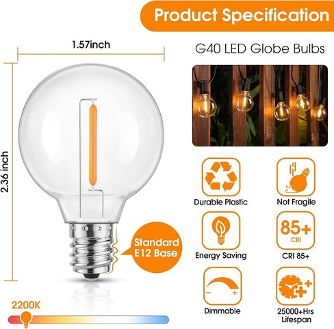 مصابيح إضاءة بديلة Mlambert G40 LED لأضواء السلسلة، مصابيح مقاومة للكسر بقاعدة E12 قابلة للتعتيم، 1 وات تساوي 5 وات، أبيض محايد 4000 ك، 25 حزمة، وليست شمسية in Kuwait