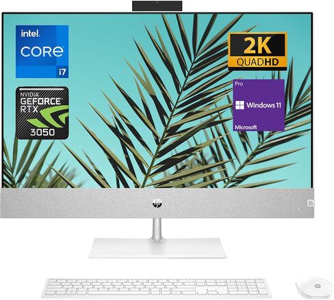 HP Pavilion 27 بوصة QHD الكل في واحد، Intel Core i7-13700T، NVIDIA GeForce RTX 3050، ذاكرة وصول عشوائي 64 جيجابايت، 2 تيرابايت SSD، كاميرا تعمل بالأشعة تحت الحمراء، لوحة مفاتيح وماوس لاسلكي، HDMI، RJ-45، Wi-Fi 6، Windows 11 Pro ، فضة in Kuwait