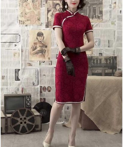 Vintage Cheongsam Costume Traditional Mandarin Collar Side Slit Slim Fit Chinese New Year Party Maxi Midi Dress in Saudi Arabia