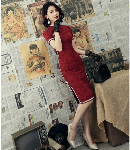 Vintage Cheongsam Costume Traditional Mandarin Collar Side Slit Slim Fit Chinese New Year Party Maxi Midi Dress in Saudi Arabia