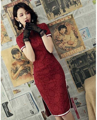 Vintage Cheongsam Costume Traditional Mandarin Collar Side Slit Slim Fit Chinese New Year Party Maxi Midi Dress in Saudi Arabia