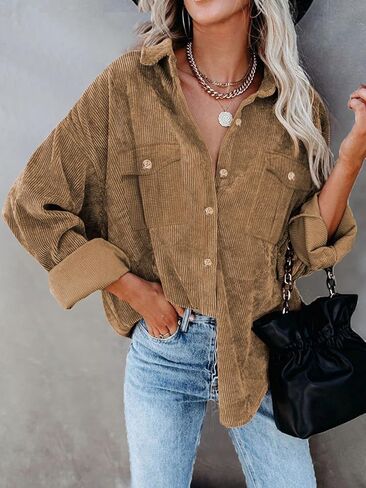 Beyove سروال قصير للنساء بأزرار للأسفل، قميص قصير بأكمام طويلة، رقبة على شكل V، كبير الحجم، بياقة، جيوب، خشب بني S in Kuwait