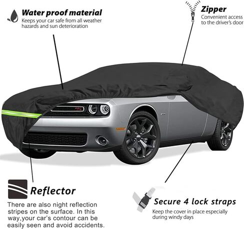 أغطية سيارة مقاومة للماء لأغطية سيارة دودج تشالنجر 2008-2019 210D (R/T، SRT، T/A، SXT، Hellcat) تناسب العملاء 100% حزام مقاوم للماء وسحاب باب مزدوج يصل إلى 202 بوصة طول in Kuwait