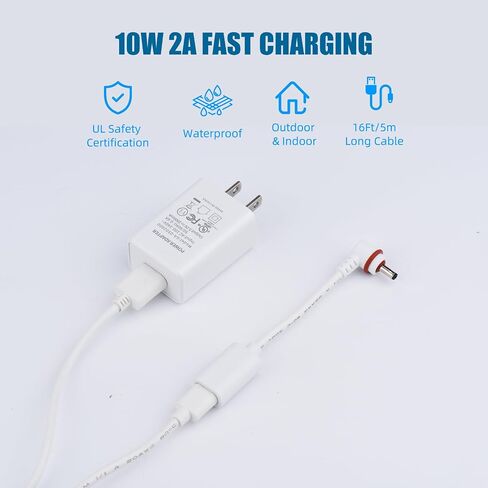 Charger Cable for Ring Camera Battery, Compatible with Ring Stick Up Cam, Ring Spotlight Cam Plus/Pro Battery, Including USB C Plug Adapter to Ring Barrel DC Plug Adapter, 16Ft/5m Power Cord in Saudi Arabia