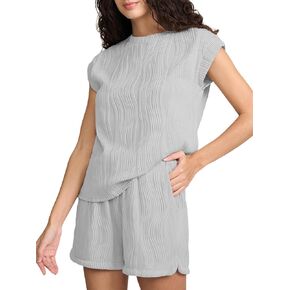 Women's Summer 2 Piece Outfits Lounge Sets Textured Casual Tracksuit for Women Short Sleeve Loungewear with Pockets