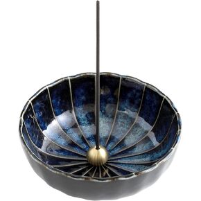 Asayu Japan Lotus Incense Holder for Sticks 4.1 inch (105 mm), Traditional Made in Japan Ceramic Ash Catcher and Brass Incense Burner Set - Navy Dark Blue Lotus