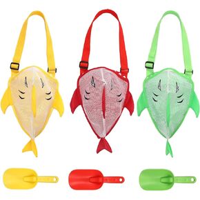 3pcs Mesh Beach Bags for Kids, Crab Style Seashell Bag with 3 Shovel & Adjustable Strap Shell Collecting Bag for Holding Pool Sand Toys Swimming Suit