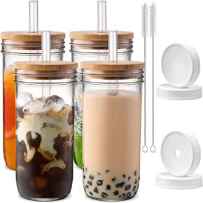 أكواب زجاجية مع أغطية وقش، كوب عصير 24oz مع غطاء وقش - برطمان DWTS Boba Mason، أكواب شرب واسعة الفم قابلة لإعادة الاستخدام، أكواب قهوة مثلجة زجاجية، Vasos De Vidrio 【4 عبوات】