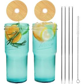 ANOTION Glass Cups with Lids and Straws 4 Packs, 24oz Travel Coffee Mug Wide Mouth Mason Jar Iced Coffee Cup Smoothie Cup Glass Tumbler Tea Cup Clear Cute Water Cups Drinking Jars Glasses