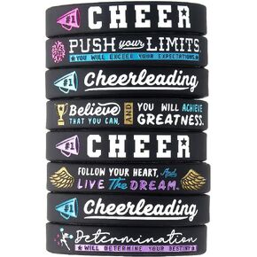 (12-pack) Cheerleading Inspirational Bracelets - Wholesale Pack of 12 Silicone Rubber Wristbands - Cheerleading Team Gifts in Bulk, Cheer Squad Party Favors for Women Cheerleaders