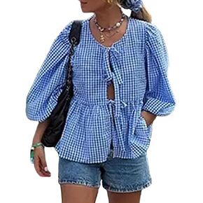 Tie Front Top Blouse Peplum Top Puff Sleeve Leopard Print Cheetah Print Bow Top Coquette Summer Trendy 2024