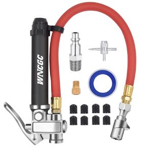 10-120 PSI Tire Inflator Gauge with Lock on Air Chuck and 12" Air Hose, Tire Air Pressure Gauge with Air Compressor Accessory for Car Truck Motorcycle Bike