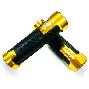 Gold Carbon Look Aluminum Motorcycle 22mm 7/8 Inches Engraved Handle Bar Rubber Gel Hand Grips CNC Bar End 7/8" Compatible with Kawasaki Ninja 300 400 250 1000 ZX6R ZX10R ZX14R