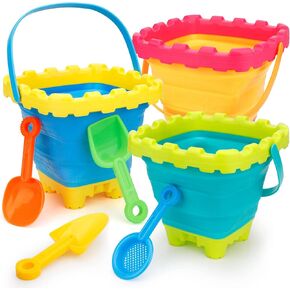 7 PCS Castle Foldable Beach Sand Buckets Toy Set with Shovels Scoop Sifter for Kids, 3L Silicone Collapsible Bucket Pails for Toddler, Summer Toy, Sandbox Kit Camping Gear Beach Essential Gift