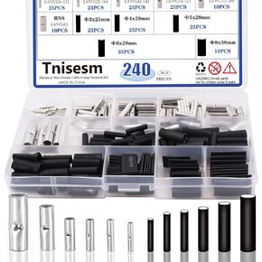 Tnisesm 240 Pcs Non-Insulated Butt Connectors Assortment Kit,Seamless Uninsulated Butt Connectors, Butt Splice Wire Connectors, Electrical Crimp Terminals Tn-24