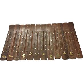 Vrinda® Handmade Wooden Incense Stick Holder with Assorted Inlaid Design –Incense Stick Burner - Ideal for Aromatherapy, Meditation - Ornamental Piece for Home, Office Decor 10"(Pack of 12)