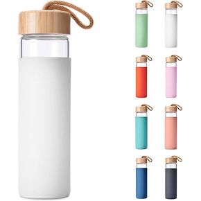 20 Oz Borosilicate Glass Water Bottle with Bamboo Lid and Silicone Sleeve – Reusable BPA Free – Glass Drinking Bottle with Lids - Cute Glass Bottle for Women - Glass Shaker Bottle