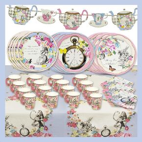 Alice in Wonderland Party Decorations For Mother's Day | Tableware for 16 Guests, Plates Napkins Teacups Bunting Tablecover | Mad Hatter Afternoon Tea Supplies For Onederland Birthday, Baby Shower