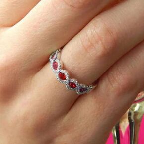 AZQ 925 Sterling Silver Shiny Full Diamond Ring 18K Gold Ruby Cocktail Ring Red Gem Zirconia Promise Rings CZ Diamond Multi Row Ring Eternity Engagement Wedding Band Ring for Women Z.7