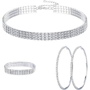 Rhinestone Choker Necklace Bracelet Hoop Earrings for Women Bling Rhinestone Jewelry Set for Wedding Bridal Party