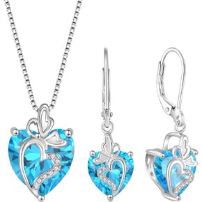 Butterfly Jewelry Set for Women 925 Sterling Silver Aquamarine March Birthstone Necklace Leverback Earrings Gifts for Wife Girlfriend Mother Daughter